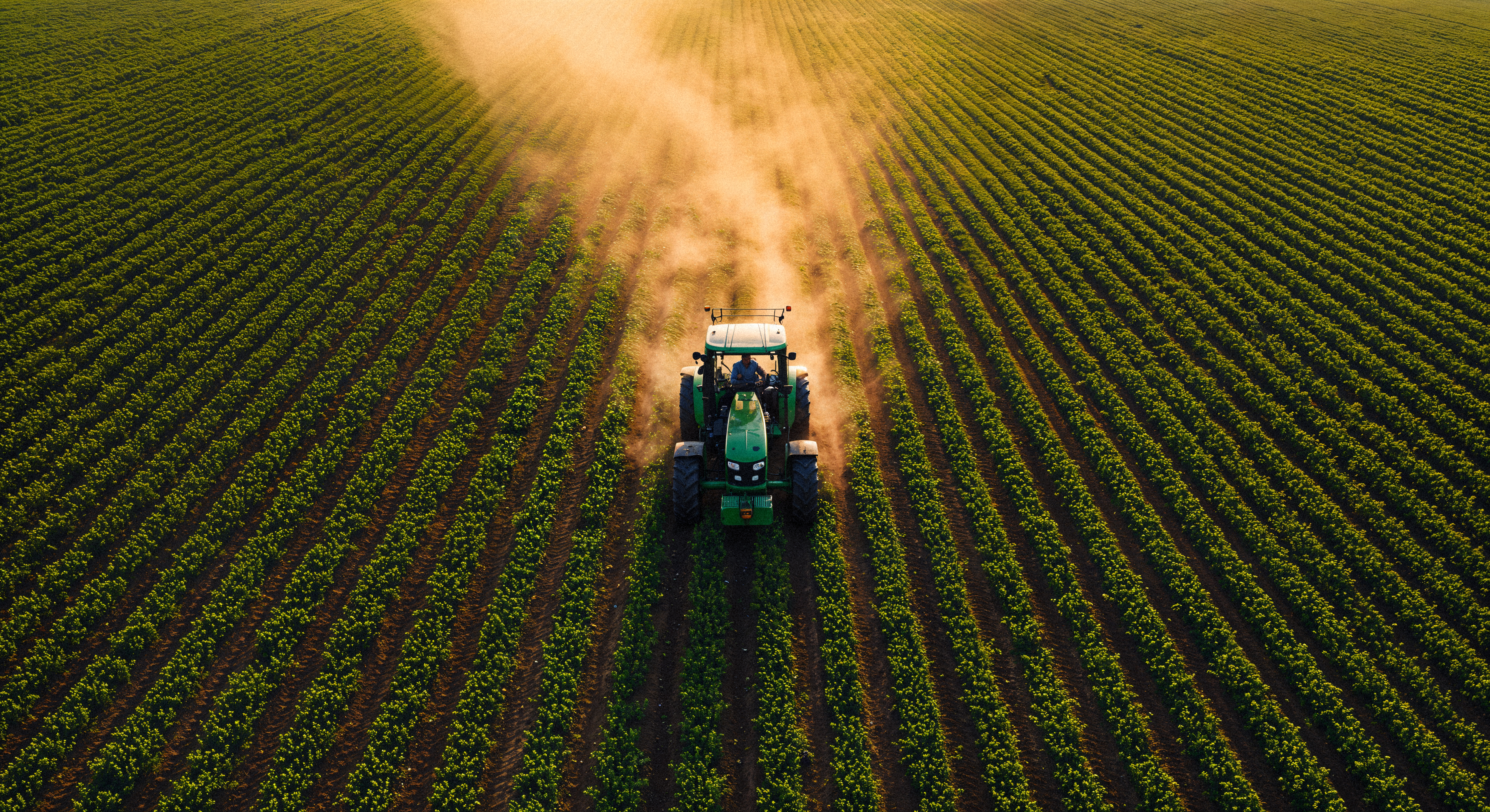 Tractor and harvester in coffee plantation - drone view